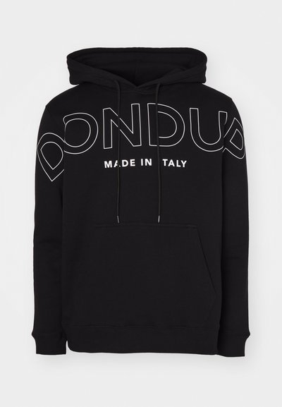 Felpa nera in cotone con tasca frontale, cappuccio con coulisse e audace testo bianco: "DONDUP MADE IN ITALY." Texture morbida, vestibilità regolare.