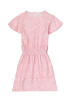 Rosa Kurzarmkleid mit geometrischem Muster, elastischer Taille, mehrlagigem Rock und Knopfverschluss am Rücken.