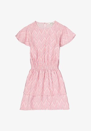 Rosa Kurzarmkleid mit geometrischem Muster, elastischer Taille, mehrlagigem Rock und Knopfverschluss am Rücken.