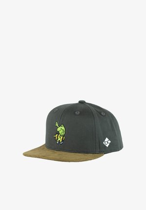 Dark gray baseball cap with brown suede brim, featuring a green frog riding a yellow skateboard embroidered on front.