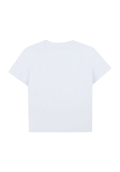 T-shirt blanc court en coton, avec des manches courtes et un col arrondi. Texture lisse sans motifs ni accents visibles.