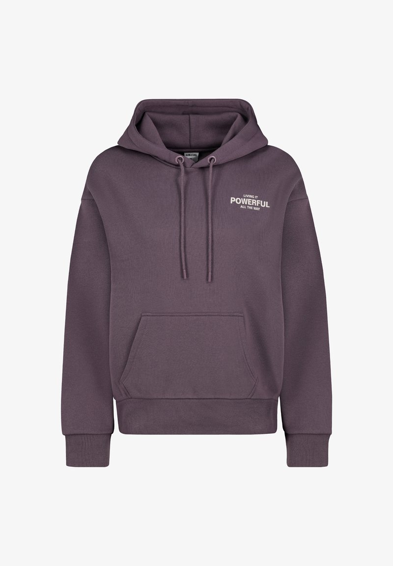 Purple hooded sweatshirt with a front pocket. Features "Living it Powerful All the Way" text in white. Made from soft fabric with ribbed cuffs.