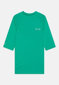 Maglia da surf teal con maniche lunghe a raglan, realizzata in tessuto elastico. Presenta un colletto curvo e un logo stampato sul petto e sulla manica.