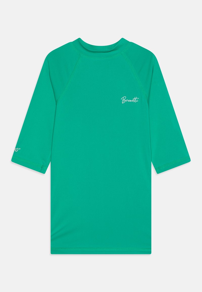 Teal színű rash guard, hosszú raglán ujjakkal, rugalmas anyagból készült. Ívelt kivágással és nyomtatott logóval rendelkezik a mellkason és az ujján.