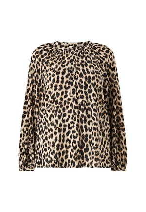 Luipaardprint blouse in tinten van bruin en zwart, met lange mouwen, een ronde halslijn en een knoopsluiting aan de voorkant.