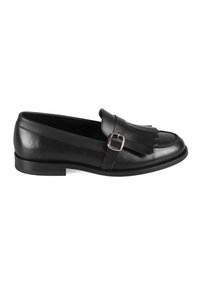 Schwarze Lederloafers mit flacher Sohle, ausgestattet mit einem Fransendetail und einer goldfarbenen Schnalle an der Seite, durchgehend mit glatter Textur.