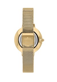 Orologio con cinturino in rete d'oro e cassa circolare, dotato di un quadrante nero, indicatori dell'ora minimalisti e una chiusura incisa con "MORELLATO."