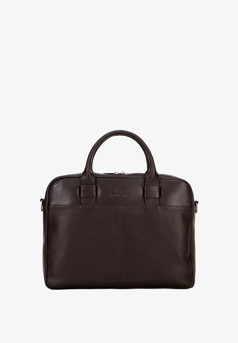Dunkelbraune Lederaktentasche mit doppelten Griffen, strukturiertem unteren Bereich, glattem oberen Teil und Reißverschluss oben.