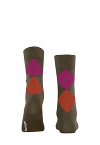 Brązowe skarpetki z diamentowym wzorem w kolorze różowym, pomarańczowym i ciemnoszarym. Nazwa marki widoczna jest z boku.