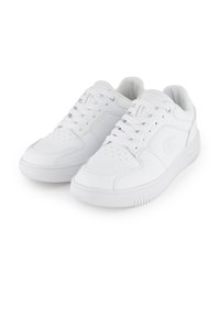 White athletic sneakers with a smooth leather finish, rounded toe, perforated details on the upper, and textured rubber outsole.