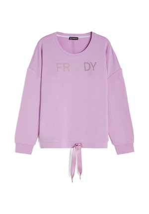Lavender long-sleeve sweatshirt with round neckline, "FREDDY" in rhinestones across chest, and adjustable ribbon tie at hem.