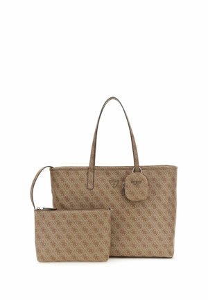 Sac fourre-tout beige à motifs avec deux poignées, accompagné d'une petite pochette assortie. Les deux présentent un logo et un tissu texturé.