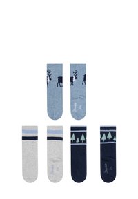 Drei Paar Crew-Socken in Blau- und Grautönen, mit Rentier- und Baum-Mustern, geripptem Texture und kontrastierenden Streifen.