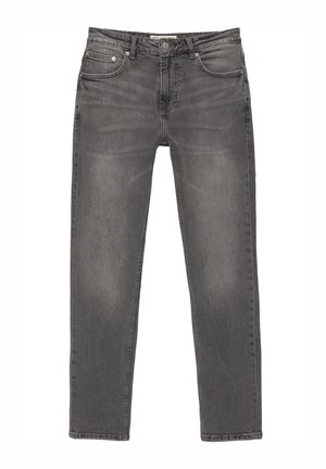 Grijze denimjeans met een rechte pasvorm, vijf zakken en subtiele vervaging. Heeft een standaard tailleband met een sluiting met een knoop aan de voorkant.