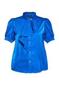 Blusa blu lucida con colletto alto, maniche a palloncino corte e volant anteriore, dotata di cinque piccoli bottoni tondi e una texture del tessuto liscia.