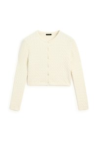 Gekürzter weißer Cardigan aus gestricktem Stoff, mit einem strukturierten Zopfdesign, langen Ärmeln und einer vorderen Knopfverschluss.