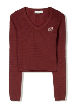Bershka bordový skrátený sveter s vroubkovanou textúrou, s V-krkom, dlhými rukávmi a malým bielym logom na hrudi.