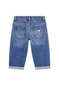 Denimske kratke hlače z svetlo modrim pranjem, elastičnim pasom, zavitimi manšetami in dvema zadnjima žepoma z logotipom.