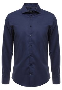 Tmavě modrá pánská košile s dlouhým rukávem, s knoflíkovým zapínáním a špičatým límcem, slim fit, bez vzorů nebo log. 