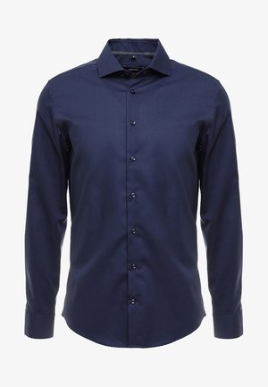 Marineblauwe herenoverhemd met lange mouwen, knopenluiting en puntkraag, getailleerde pasvorm, zonder patronen of logo's.