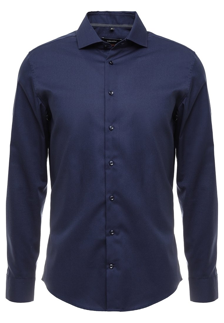 Tmavě modrá pánská košile s dlouhým rukávem, s knoflíkovým zapínáním a špičatým límcem, slim fit, bez vzorů nebo log. 
