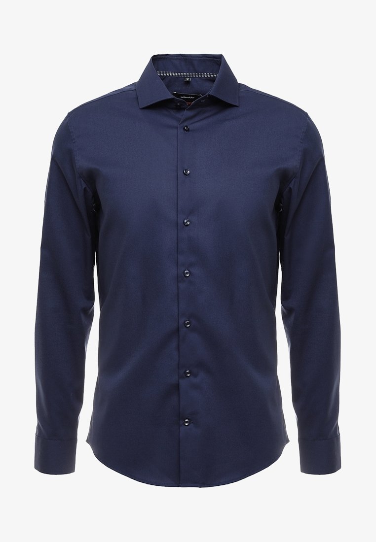 Marineblauwe herenoverhemd met lange mouwen, knopenluiting en puntkraag, getailleerde pasvorm, zonder patronen of logo's.