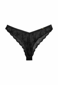 Black lace thong featuring floral patterns, scalloped edges, and a smooth waistband. Decorative gold accent on the front.