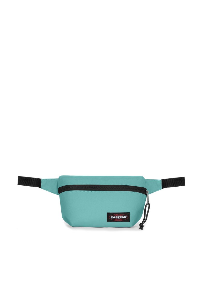 Sac banane turquoise avec accents noirs, une poche frontale zippée et une sangle en tissu. Caractéristiques : forme rectangulaire et matériau durable.