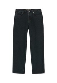 Černé džíny z denimu se střihy rovného nohavice, které mají pět kapes, kovové komponenty a klasické zapínání na knoflík.