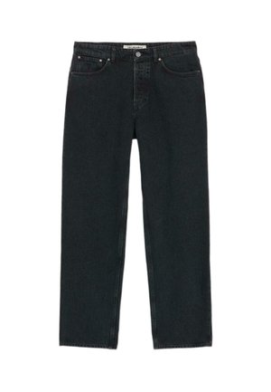 Jeans in denim nero con design a gamba dritta, caratterizzati da cinque tasche, hardware metallico e chiusura con bottone classico.