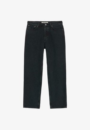 Schwarze Denim-Jeans mit geradem Bein, ausgestattet mit fünf Taschen, Metallbeschlägen und einem klassischen Knopfverschluss.