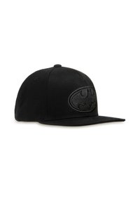 Black baseball cap made of fabric, featuring a textured Batman logo patch in the front, flat brim, and a fitted design.