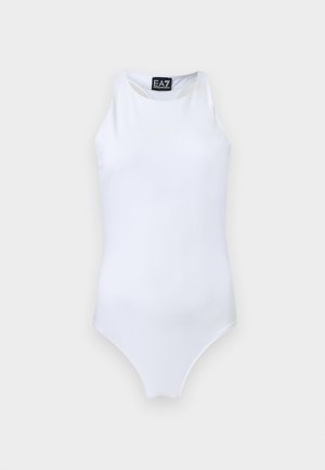 Λευκό ολόσωμο μαγιό χωρίς μανίκια με ψηλό λαιμόκοψη και λογότυπο EA7 Emporio Armani στο στήθος και στην εσωτερική ετικέτα.