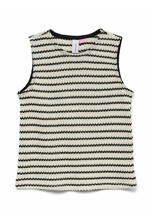 Ærmeløs striktop med sorte og cremede vandrette teksturerede striber og sort kant rundt om ærmegab og halsudskæring.