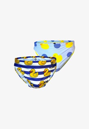 To sæt svømmebukser, et lyseblåt med gule andemønstre og prikker, det andet stribet hvidt og blåt med gule ænder.