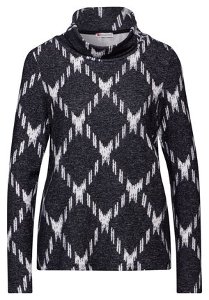 Langarm-Oberteil mit Kapuze aus dunkelgrauem Stoff mit einem weißen geometrischen Muster, ausgestattet mit strukturiertem Strick und einem lockeren Schnitt.