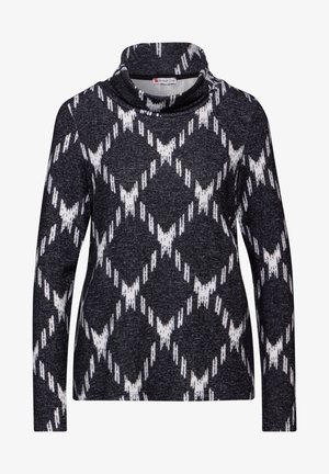 Langarm-Oberteil mit Kapuze aus dunkelgrauem Stoff mit einem weißen geometrischen Muster, ausgestattet mit strukturiertem Strick und einem lockeren Schnitt.
