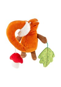 Plush orange animal with a curly tail, white accents, holding a green polka-dotted leaf and a red mushroom. Soft texture.