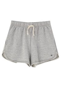 Graue sportliche Shorts aus weichem Stoff mit einem elastischen Bund, einer cremfarbenen Kordel und geschwungenen Säumen. Kleines Logo an der Seite.