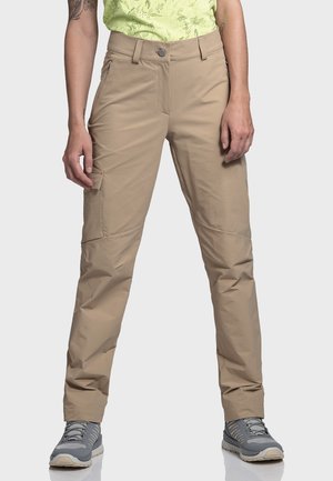 Beige Outdoor-Hosen aus leichtem Stoff, mit Fronttaschen, einer dezenten Seitentasche und einem Reißverschluss.