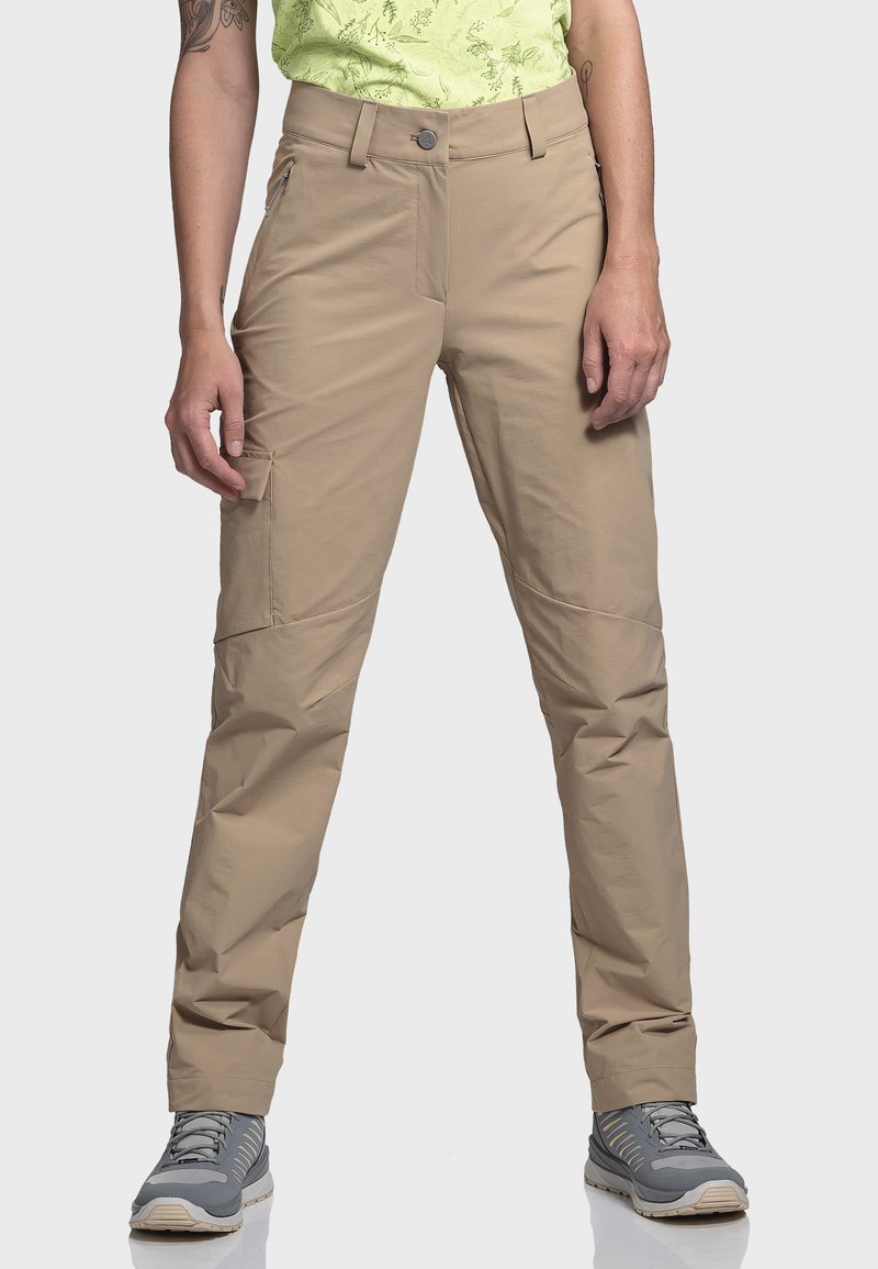 Beige Outdoor-Hosen aus leichtem Stoff, mit Fronttaschen, einer dezenten Seitentasche und einem Reißverschluss.