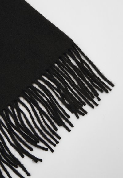 Black scarf made of soft fabric, featuring long fringes along one edge. The texture appears smooth and warm, suitable for cold weather.