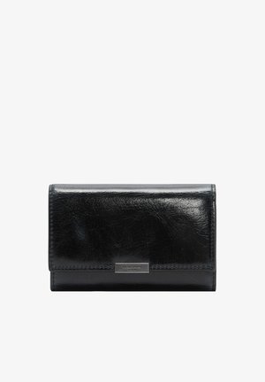 Black smooth leather wallet with a metal logo plate "Liebeskind Berlin" on the front flap, closed and rectangular in shape.