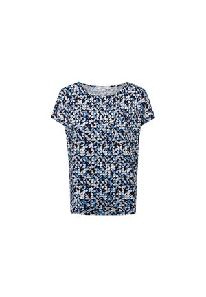 Haut à manches courtes avec un motif géométrique en bleu marine, blanc et différentes nuances de bleu. Fabriqué en tissu léger avec une coupe décontractée.