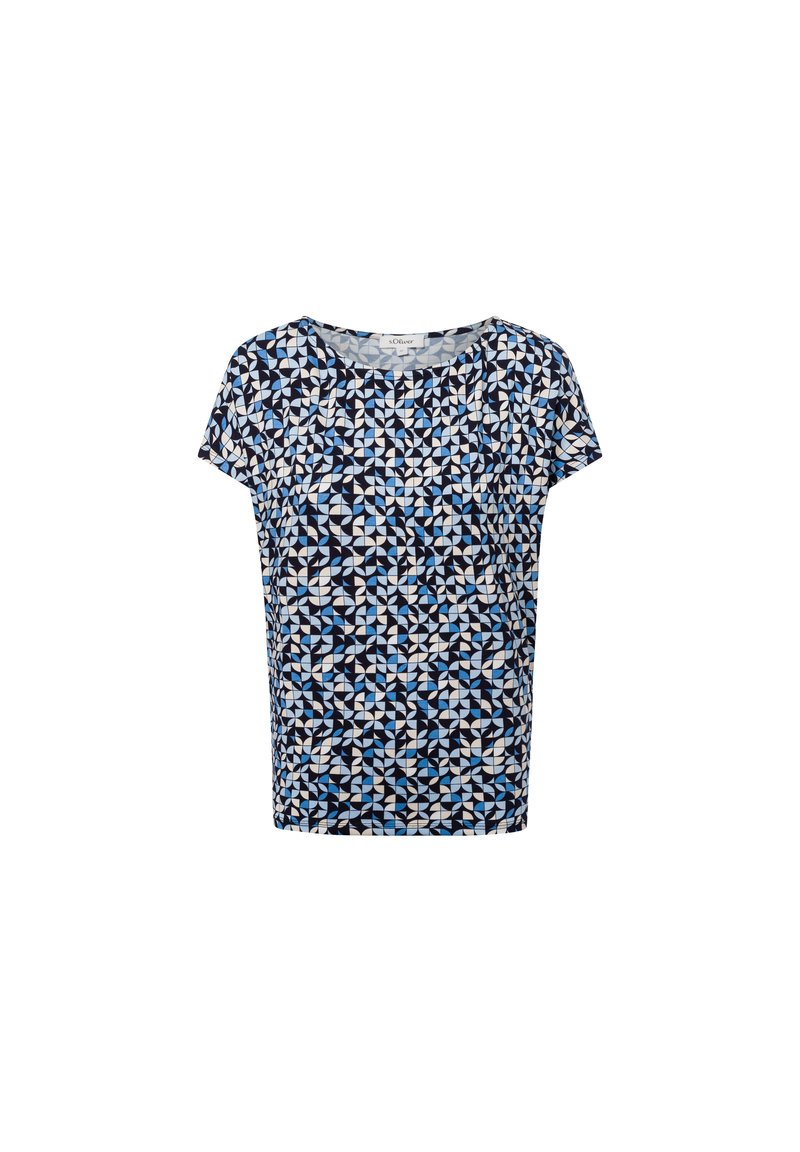 Krótki rękaw top w geometryczny wzór w kolorach granatowym, białym i odcieniach niebieskiego. Wykonany z lekkiego materiału o luźnym kroju.
