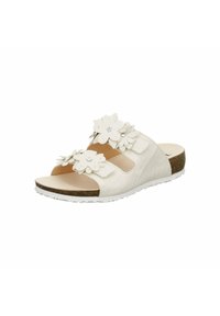 White slide sandals with floral accents on the straps, textured upper material, and a brown cork sole. Adjustable strap for fit.