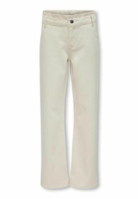 Pantalons en coton beige présentant un design à jambe droite, une fermeture à bouton standard, des poches frontales et une finition en tissu texturé.