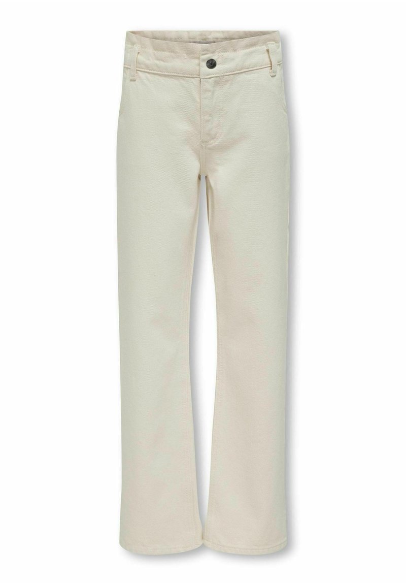 Pantalons en coton beige présentant un design à jambe droite, une fermeture à bouton standard, des poches frontales et une finition en tissu texturé.