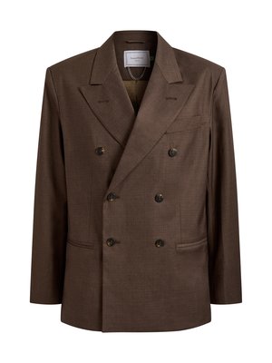 Καφέ διπλόμπustου μοντγκόμερι με ακρυψίες με κορφές, έξι κουμπιά και μπροστινές τσέπες τύπου welt, εμφανίζεται σε απλό λευκό φόντο.