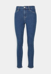 Slim-fit jeans i mörkblått med en jämn textur, som har en klassisk femfickasdesign och en enkel knapplåsning vid midjan.